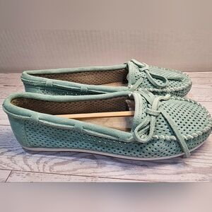 Minnetonka Mint Green Perforated Suede Lisa Slip on Moccasin